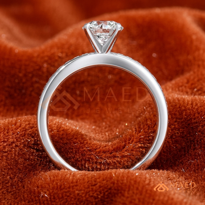Round Brilliant Solitaire Engagement Ring with Channel Set Band – Sterling Silver, 14K Gold, or 14K Rose Gold