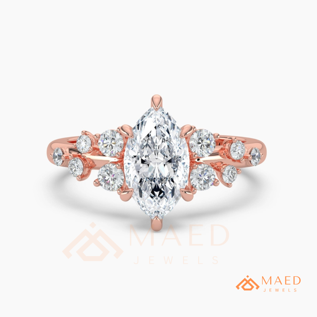 Vintage Marquise Cut Cluster Engagement Ring in 14K Gold, Rose Gold & Silver