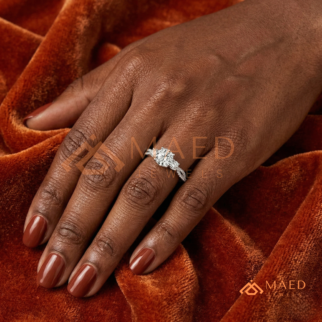 Round Cut 3-Stone Engagement Ring with Twisted Pavé Band in Silver, 14K Gold, & 14K Rose Gold
