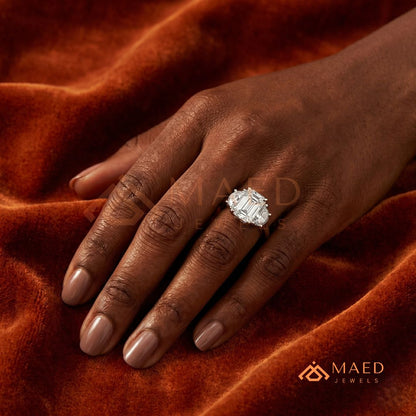 Emerald Cut Three Stone Engagement Ring | Half Moon Side Stones in 14K Gold & Silver