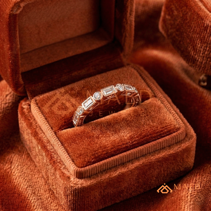 Vintage Alternating Baguette and Round Cut Diamond Wedding Band in Sterling Silver & 14K Gold