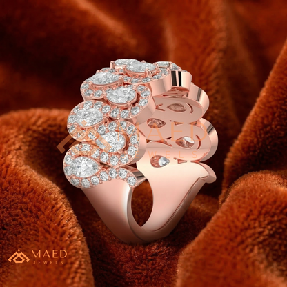 Scalloped Pear Cut Diamond Statement Ring – Silver, 14K Yellow & Rose Gold