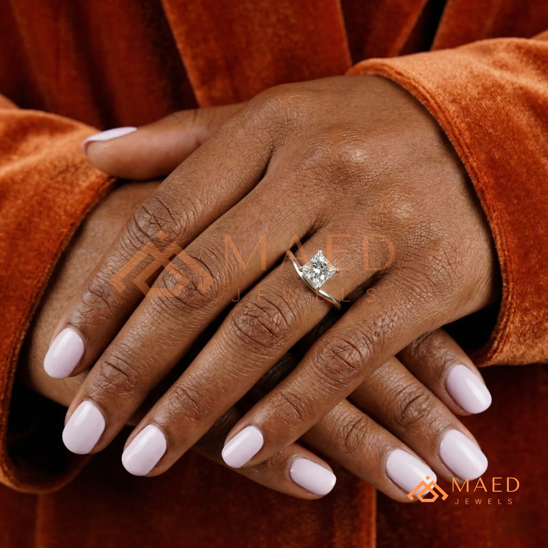 Princess Cut V-Band Solitaire Engagement Ring in 14K Gold, Rose Gold & Silver