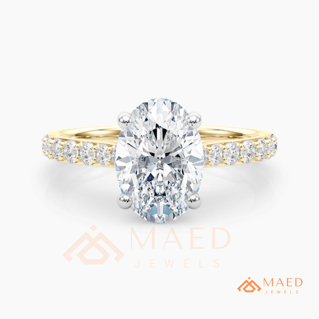 Oval Cut Moissanite Engagement Ring | 14K Gold, Rose Gold & Silver Pave Band