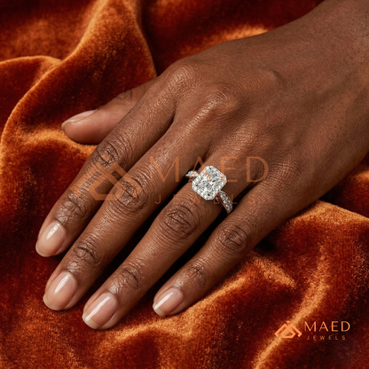 Radiant Cut Rectangular Halo Engagement Ring with Twisted Pavé Band