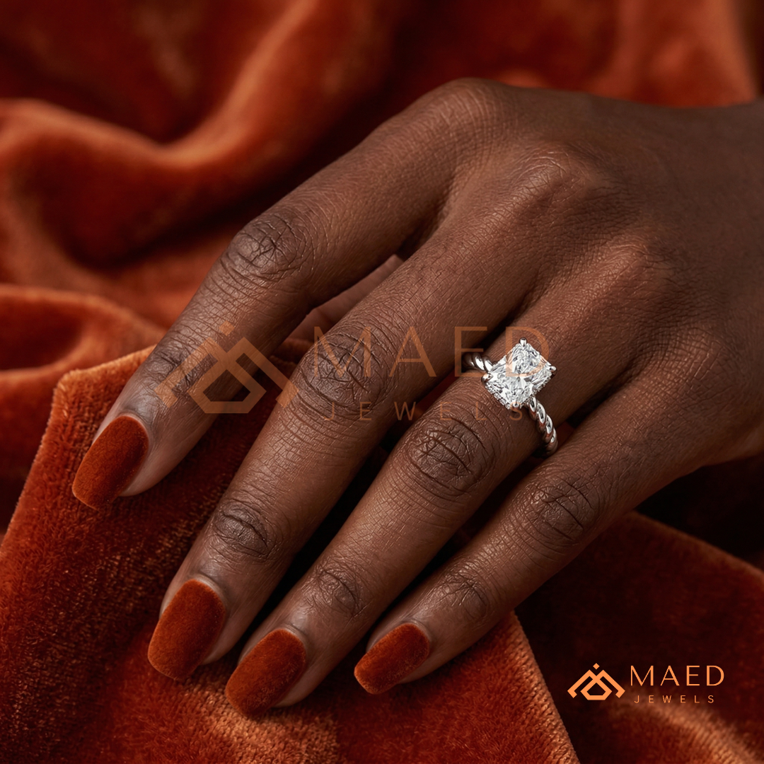 Classic Radiant Cut Twisted Cable Solitaire Ring in Silver, 14K Yellow Gold, or Rose Gold