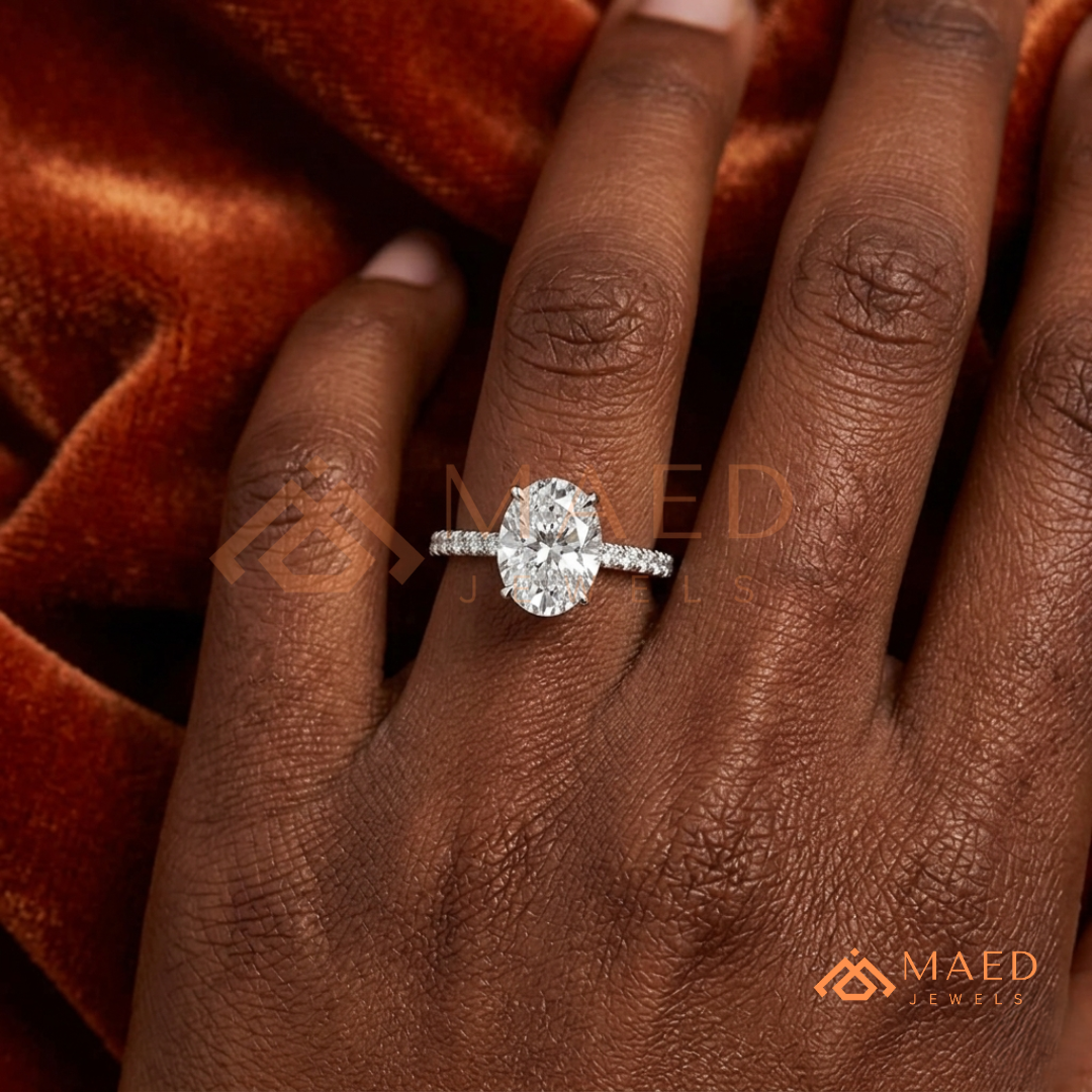 Oval Cut Moissanite Engagement Ring in 14K Gold, Rose Gold & Sterling Silver | Pave Diamond Simulant Wedding Band