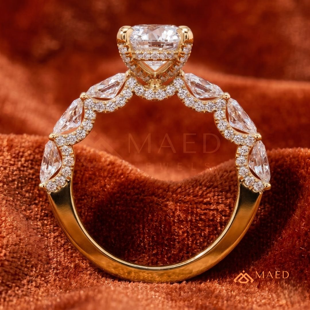 Oval Cut Engagement Ring with Large Round Accent Band | 14K Gold & Silver Shared Prong
