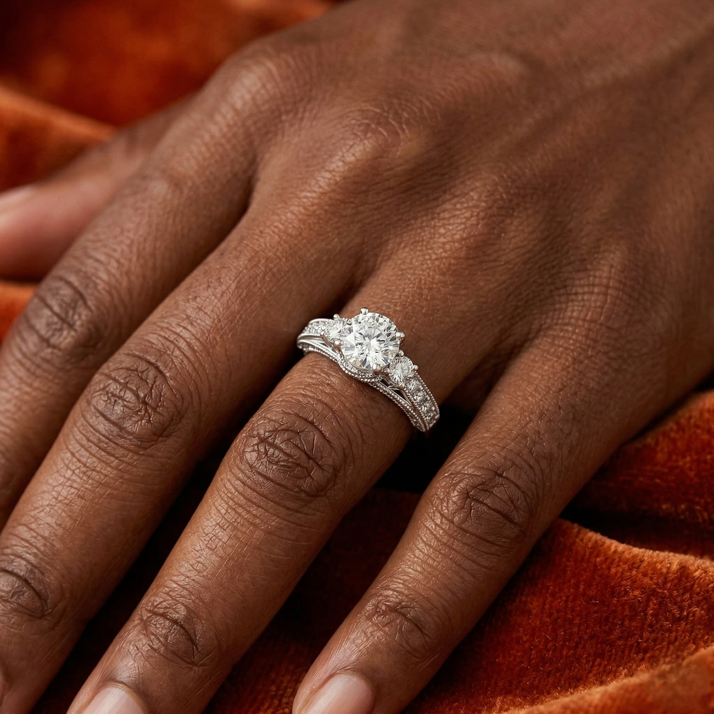 Round-Cut Three-Stone Engagement Ring with Milgrain Channel-Set Band