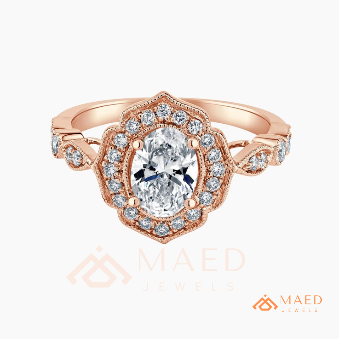 Vintage Oval Cut Art Deco Halo Engagement Ring | Milgrain Band in 14k Gold & Silver