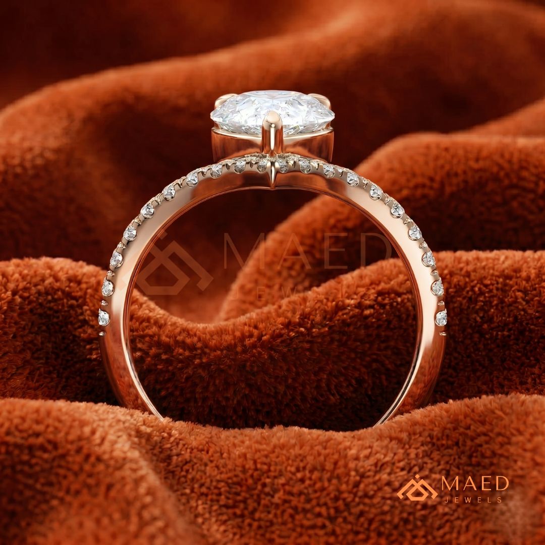 Pear Cut Chevron Engagement Ring with V-Shaped Pavé Band in Silver, 14K Gold, & 14K Rose Gold