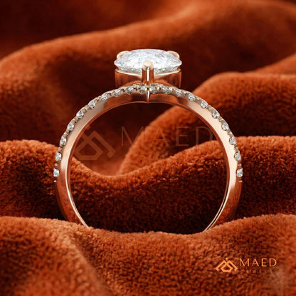 Pear Cut Chevron Engagement Ring with V-Shaped Pavé Band in Silver, 14K Gold, & 14K Rose Gold