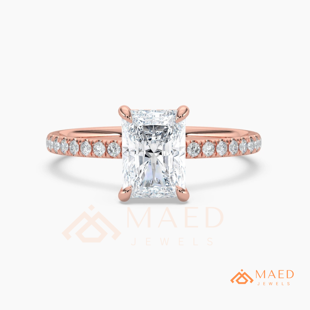 Radiant Cut Moissanite Engagement Ring in Sterling Silver, 14K White Gold & Rose Gold | Hidden Halo Diamond Band For Women