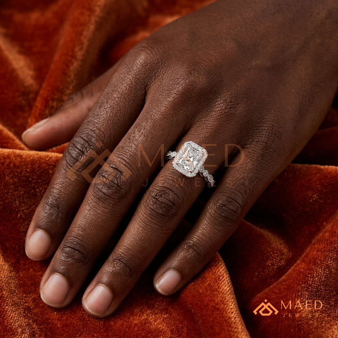 Radiant Halo Vintage-Style Engagement Ring – Ornate Vine Band