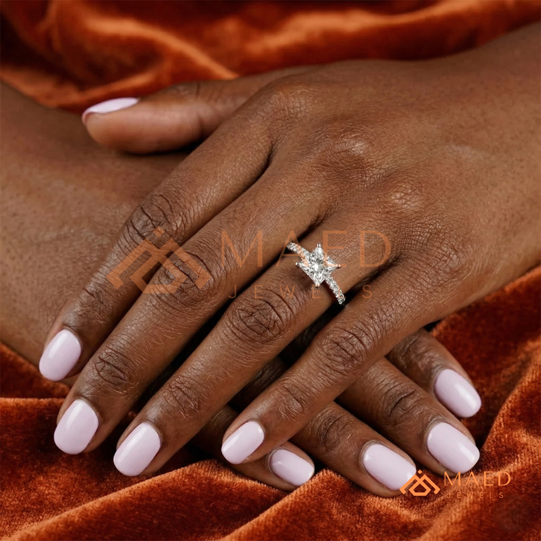 Princess Cut Engagement Ring with Pavé Band | 14k Gold, Rose Gold & Silver