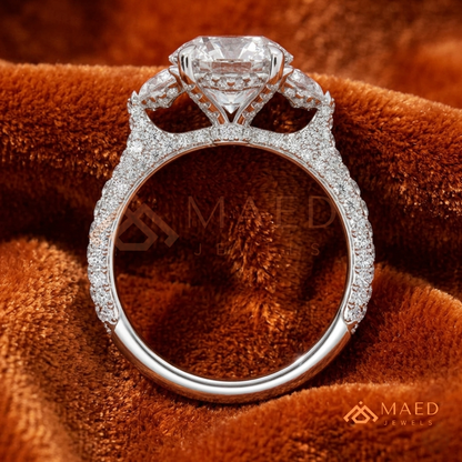 Round Brilliant and Half Moon Three Stone Ring | Multi-Row Pavé Band in 14k Gold & Silver