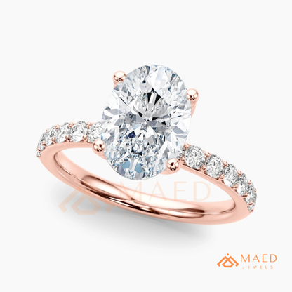 Oval Cut Engagement Ring with Pavé Band | Classic 4-Prong Promise Ring for Women | 14K Gold, Rose Gold & Sterling Silver