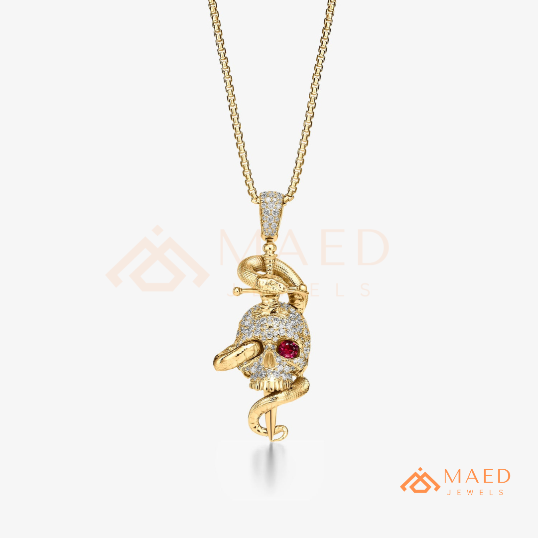 Fully Flooded Skull & Serpent Statement Charm – Ruby Red Eye Hip Hop Pendant