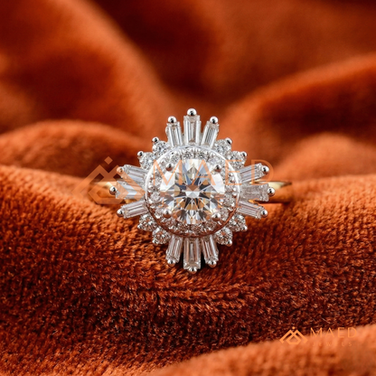 Vintage Art Deco Starburst Halo Ring in Sterling Silver, 14k Gold, or 14k Rose Gold