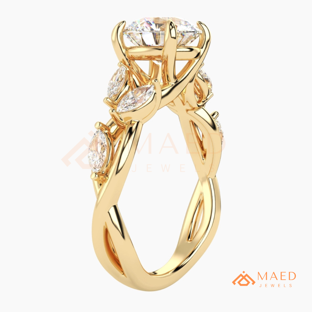 Nature Inspired Round Cut Moissanite Engagement Ring, Marquise Diamond Vine Leaf Wedding Ring in Silver, 14K Gold & Rose Gold