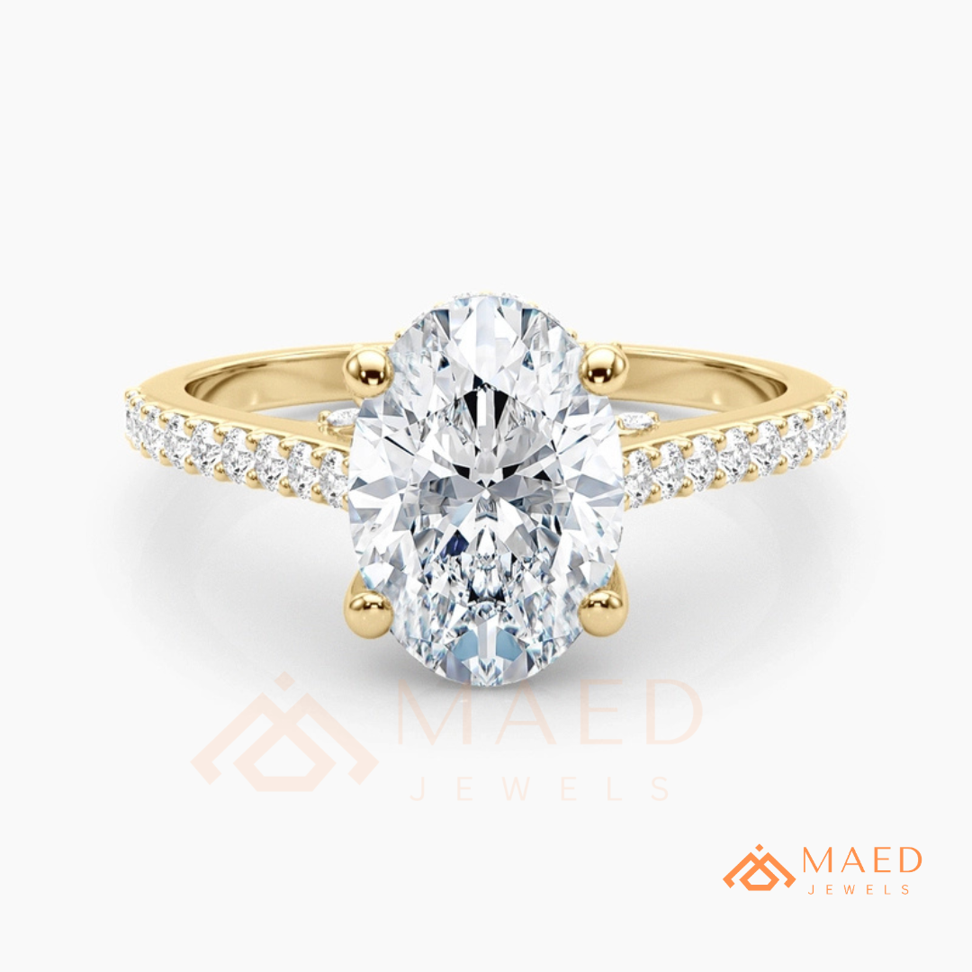 Oval Cut Engagement Ring with Pavé Diamond Band in 14K Gold, Rose Gold & Silver