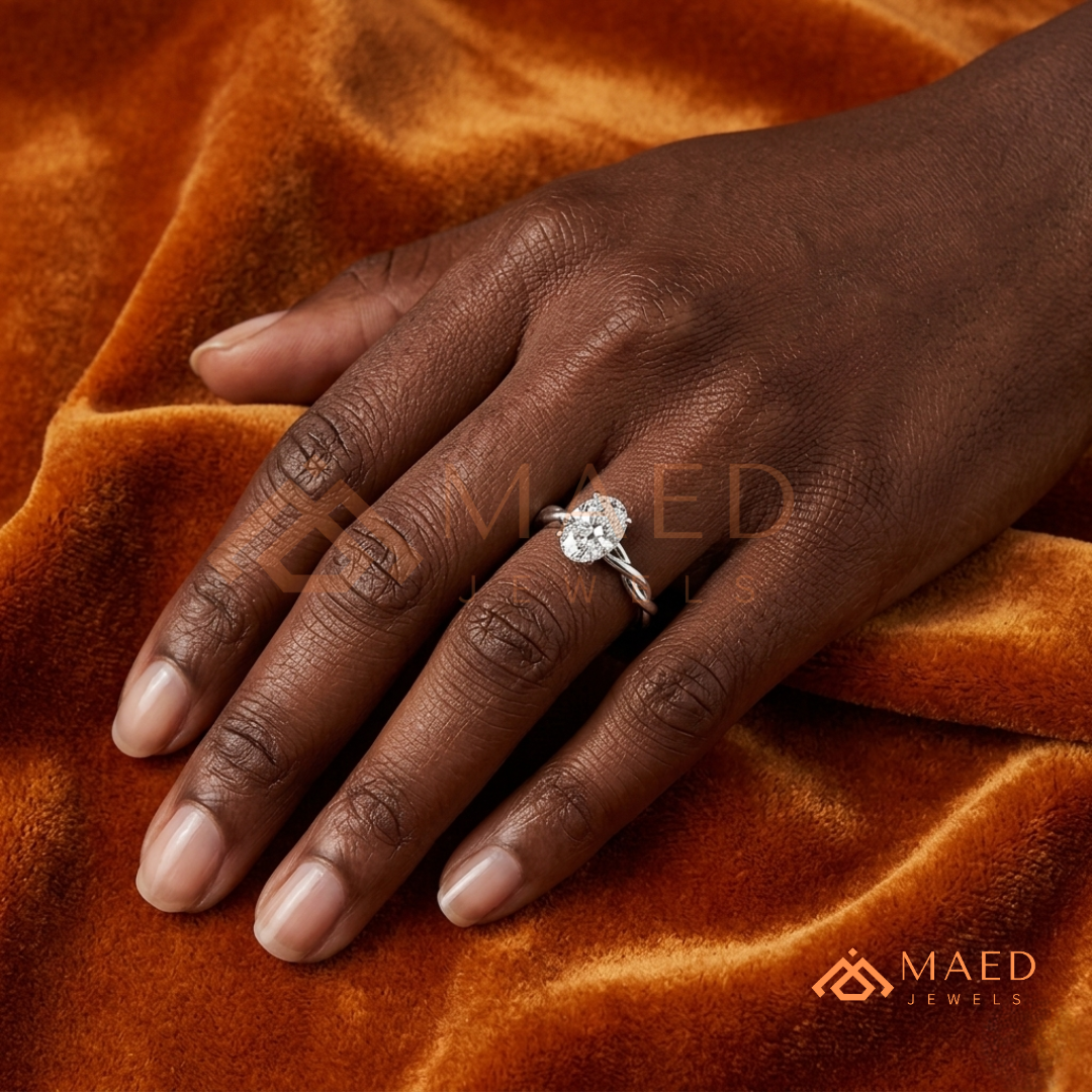 Braided Solitaire Oval Cut Ring in 14K Yellow Gold, Rose Gold & Silver
