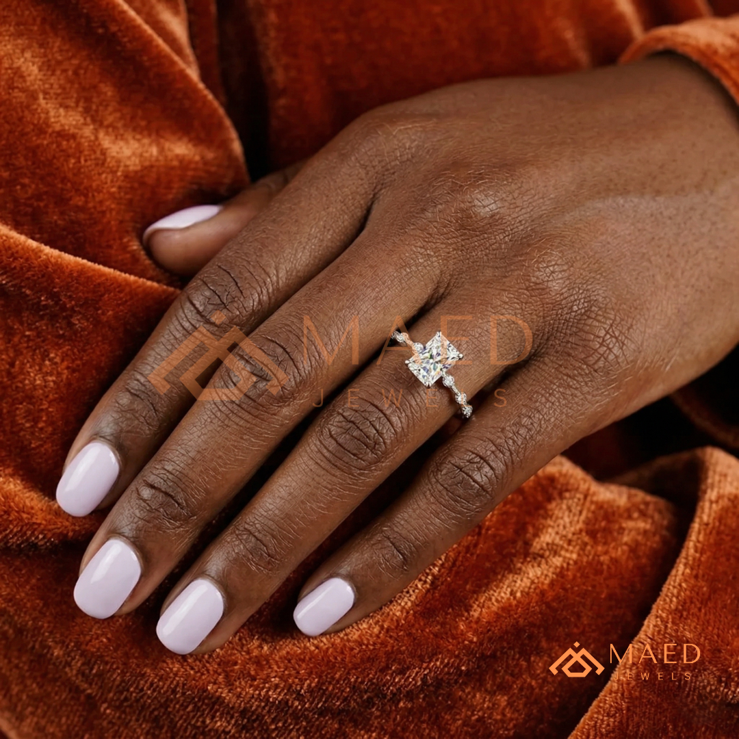 Radiant Cut Moissanite Engagement Ring in Sterling Silver, 14K Gold & Rose Gold | Art Deco Bezel-Set Accent Band