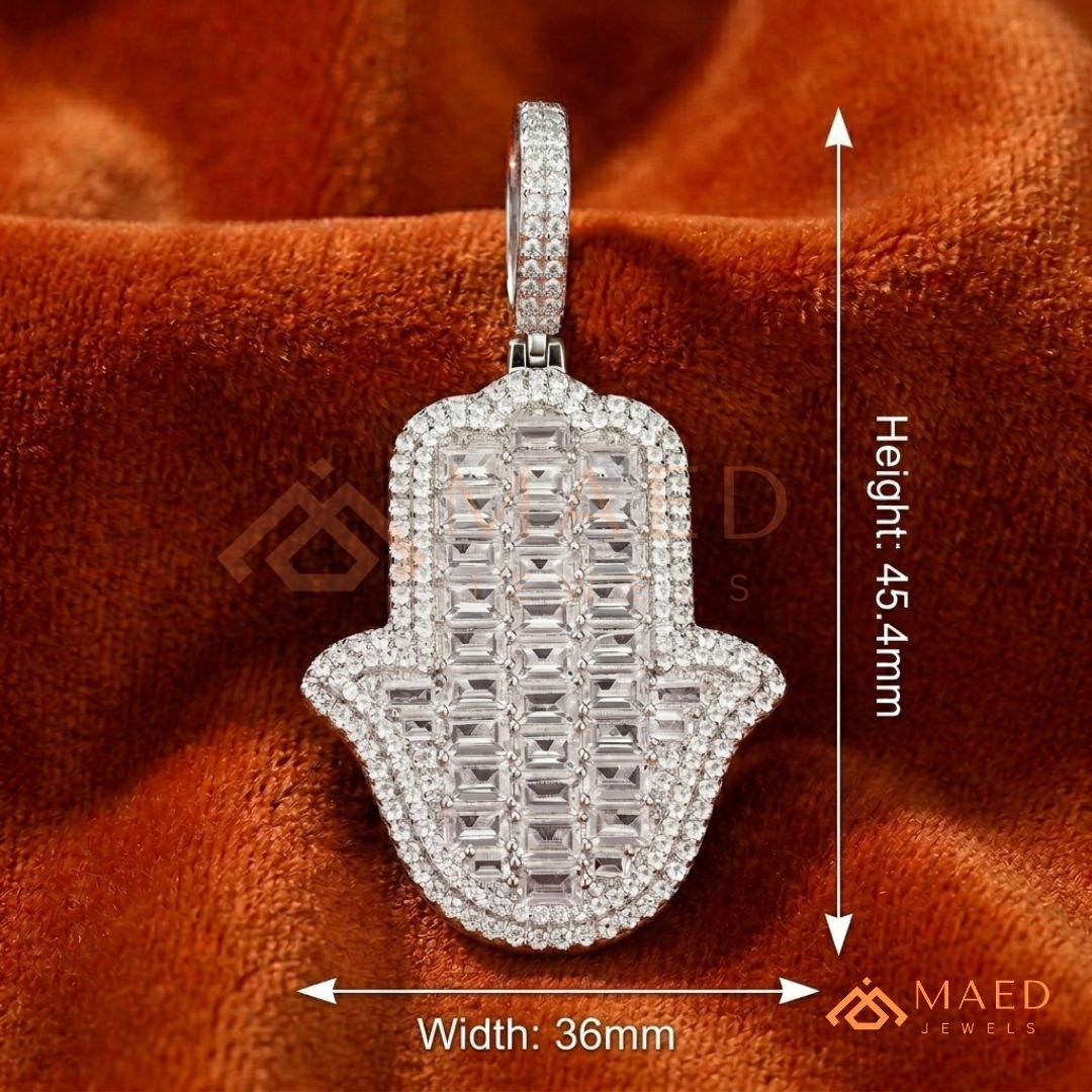 Iced Out Emerald Cut Hamsa Pendant | Sterling Silver, 14K Gold & Rose Gold