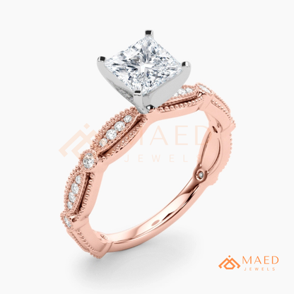 Princess Cut Vintage Engagement Ring in 14K Gold, Rose Gold & Silver | Antique Milgrain Pave Moissanite Ring for Women