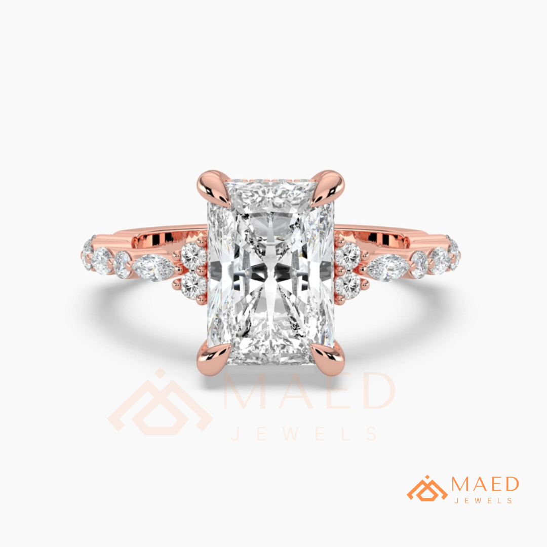 Radiant Cut Engagement Ring | Marquise & Round Cluster Band in 14K Gold, Rose Gold & Sterling Silver