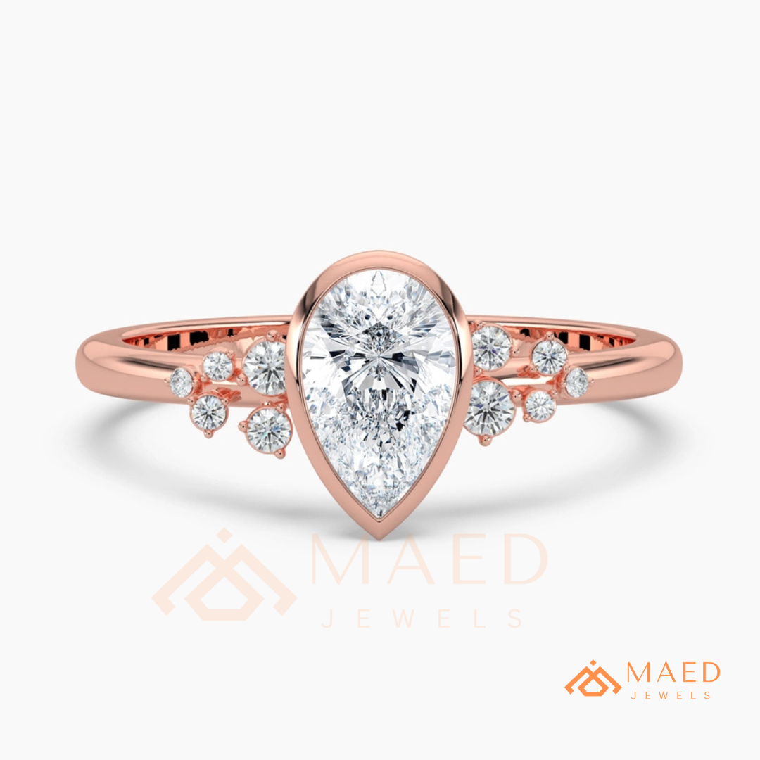 Pear Cut Bezel Set Engagement Ring with Cluster Accent Diamonds in 14K Gold, Rose Gold & Silver