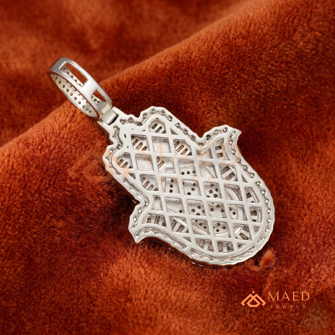 Iced-Out Hamsa Hand Pendant with Star of David & Menorah – Premium Micro-Pave Finish