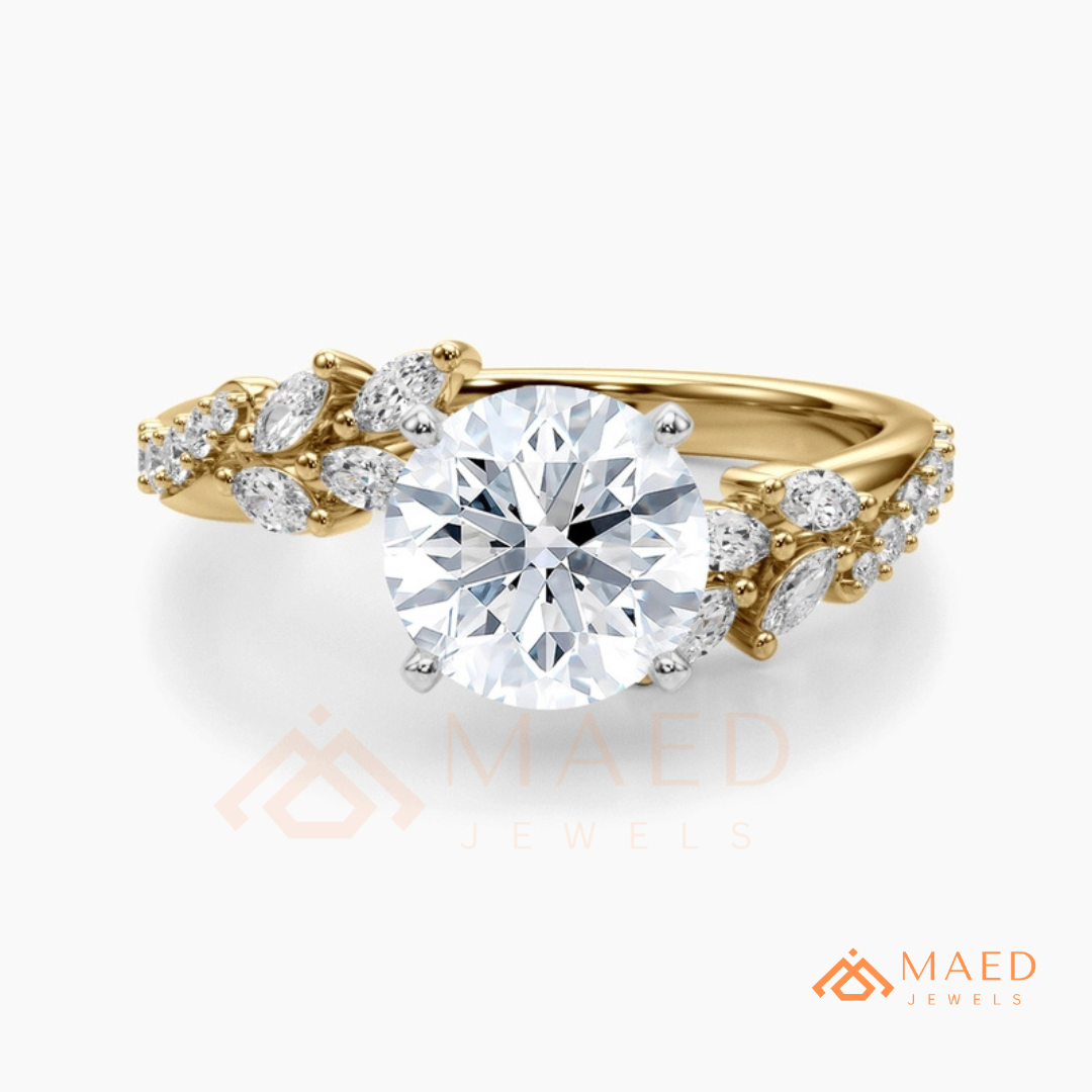 Round Cut Moissanite Nature Inspired Engagement Ring in 925 Sterling Silver, 14K Gold & 14K Rose Gold | Marquise Leaf Cluster Twisting Wedding Ring