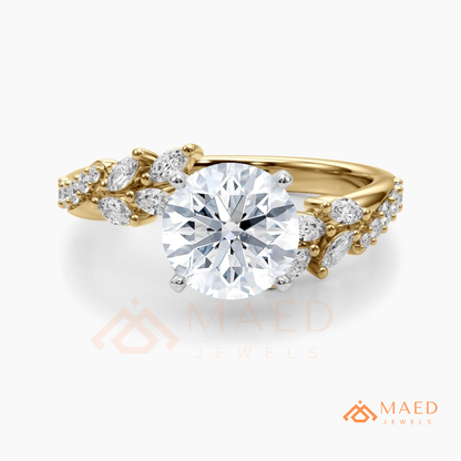 Round Cut Moissanite Nature Inspired Engagement Ring in 925 Sterling Silver, 14K Gold & 14K Rose Gold | Marquise Leaf Cluster Twisting Wedding Ring