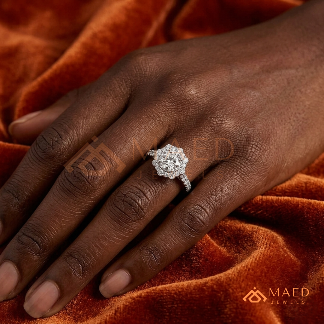 Round-Cut Halo Engagement Ring with Marquise-Accented Side Stones