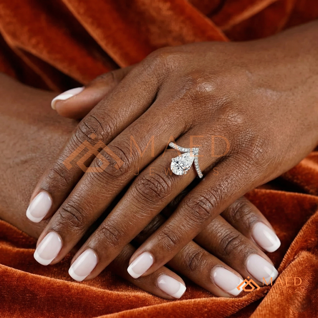 Pear Cut Chevron Engagement Ring in Sterling Silver, 14K Gold & 14K Rose Gold