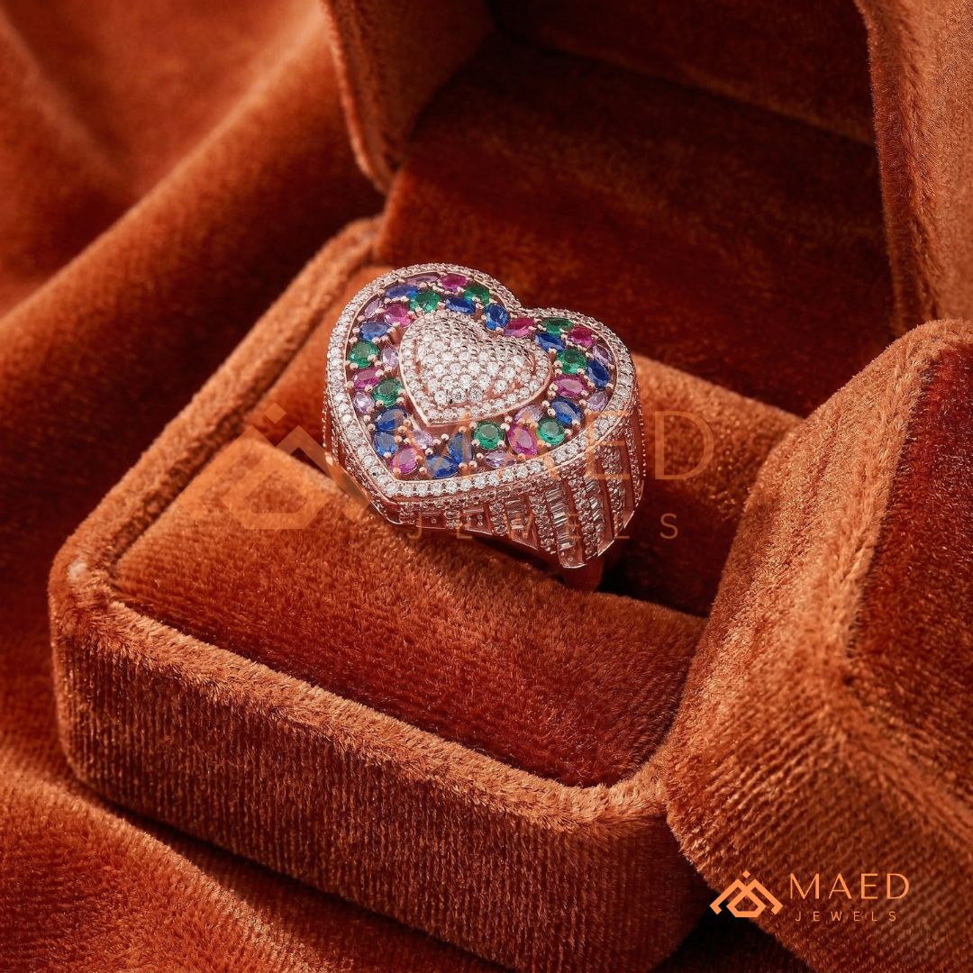 Luxury Multi-Color Iced Heart Statement Ring – 925 Silver, 14K Gold & Rose Gold