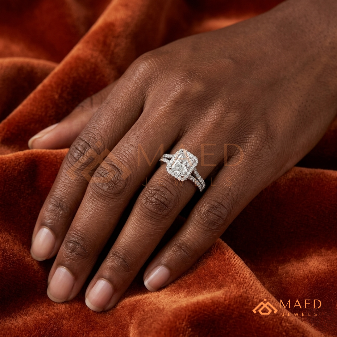 Radiant-Cut Halo Engagement Ring with Split-Shank Pavé Band