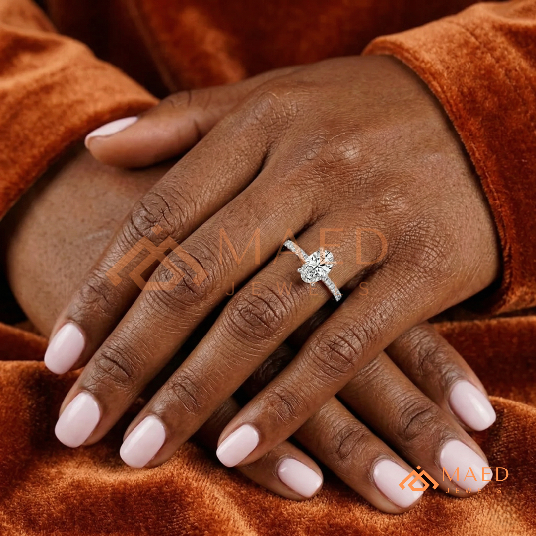 Oval Cut Engagement Ring with Pavé Band in Silver, 14K Gold, & 14K Rose Gold