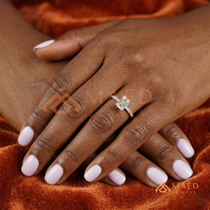 Emerald Cut Engagement Ring with Multi-Row Pavé Band in Silver, 14K Gold, & 14K Rose Gold