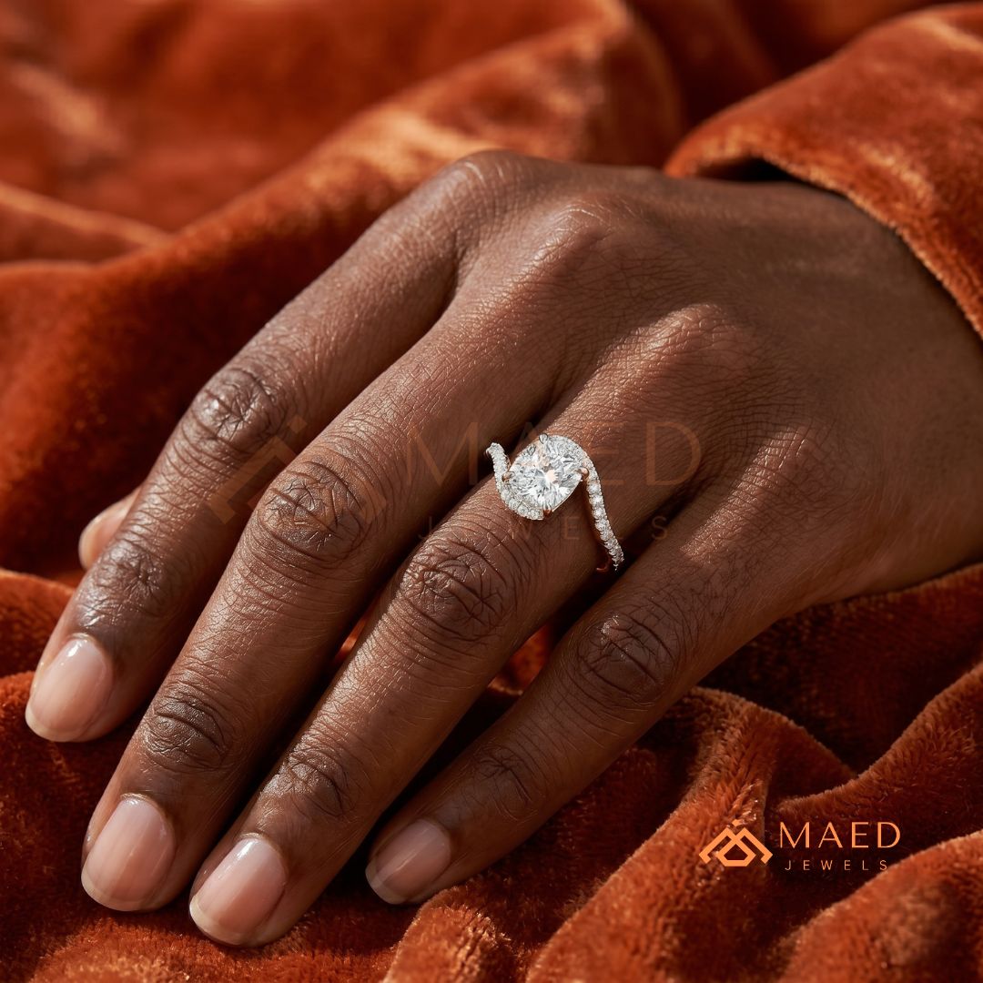 Cushion Cut Moissanite Bypass Halo Engagement Ring in Sterling Silver, 14K White Gold & Rose Gold | Criss Cross Diamond Simulant Wedding Ring
