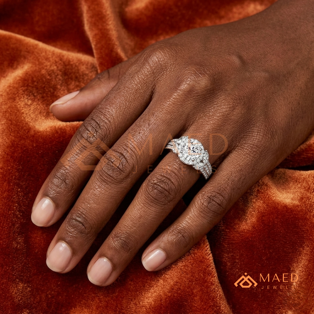 Radiant Halo Engagement Ring with Marquise Side Stones & Pavé Band