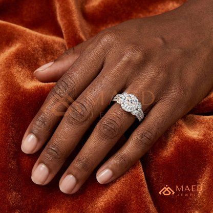 Radiant Halo Engagement Ring with Marquise Side Stones & Pavé Band