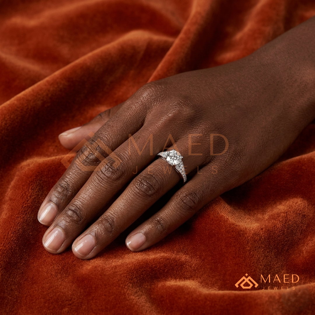 Round Cut Engagement Ring with Pavé Accents in 14K Gold, Rose Gold or Silver