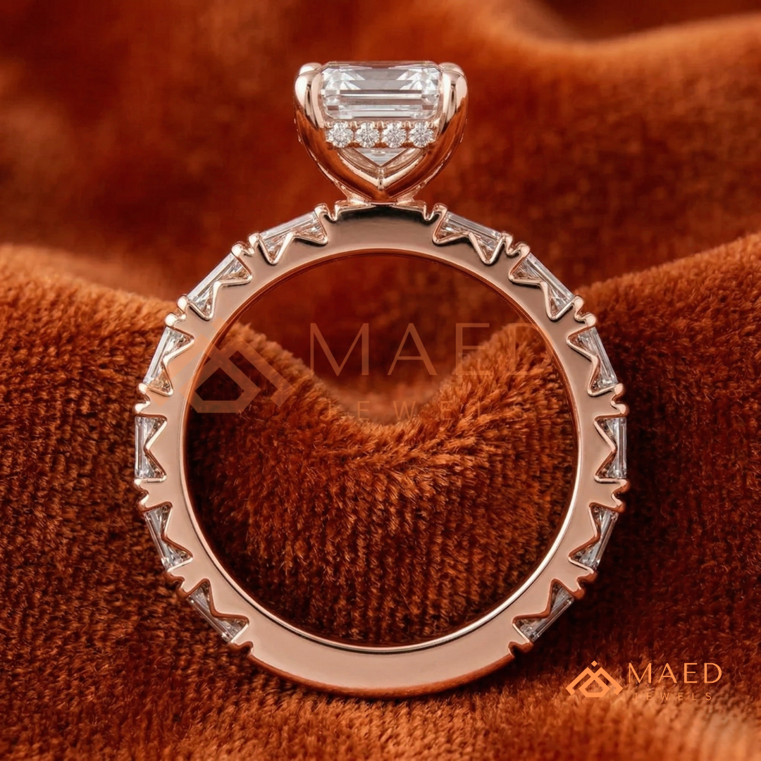 Classic Emerald Cut Solitaire Ring with Emerald Band Eternity Shank