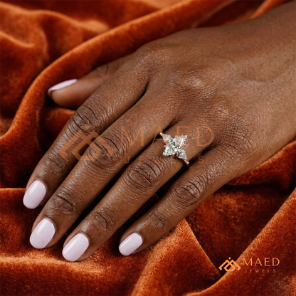Marquise Cut Three Stone Ring with Kite Side Diamonds | 14k Gold, Rose Gold & Silver