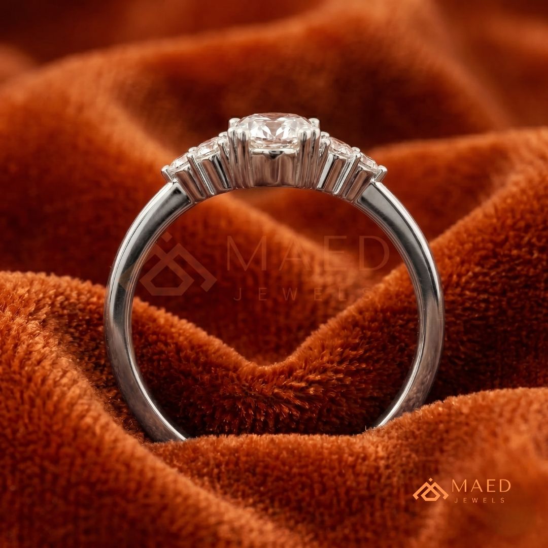 Oval Cut Engagement Ring with Round Cluster Side Stones | 14k Gold, Rose Gold & Silver