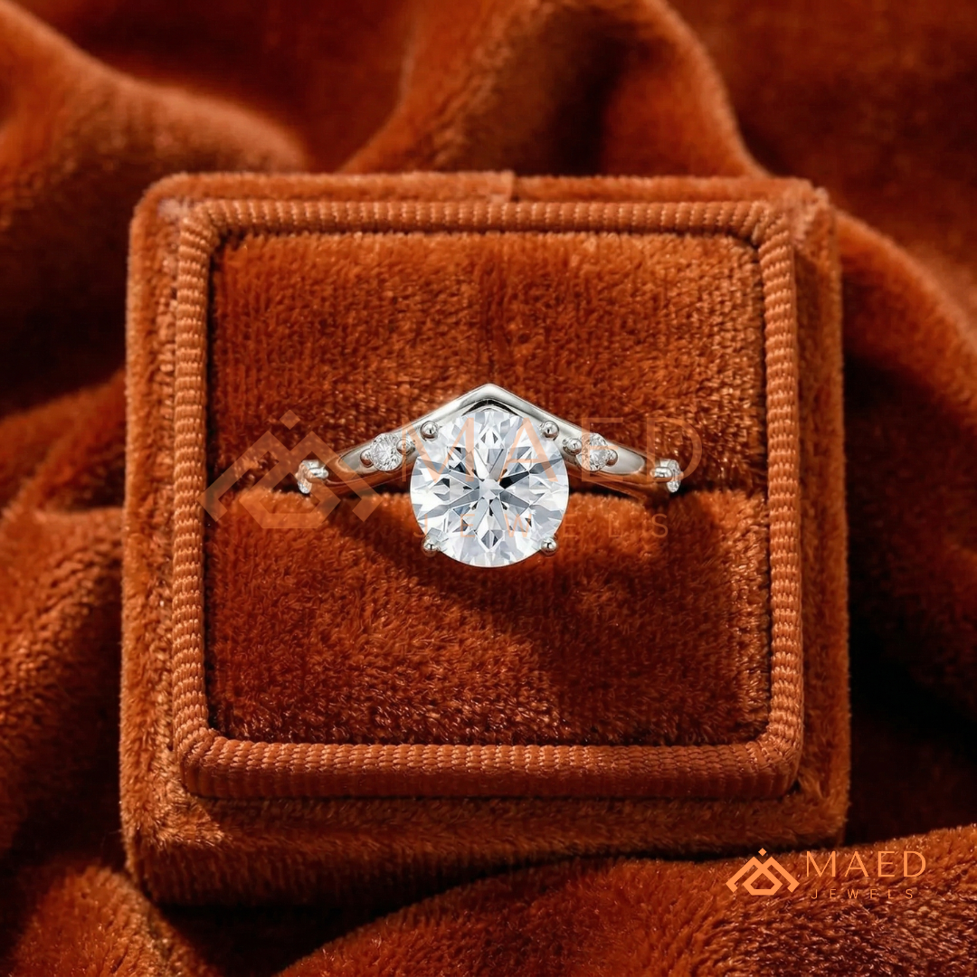 Round Cut Chevron Engagement Ring in Sterling Silver, 14K Gold & 14K Rose Gold