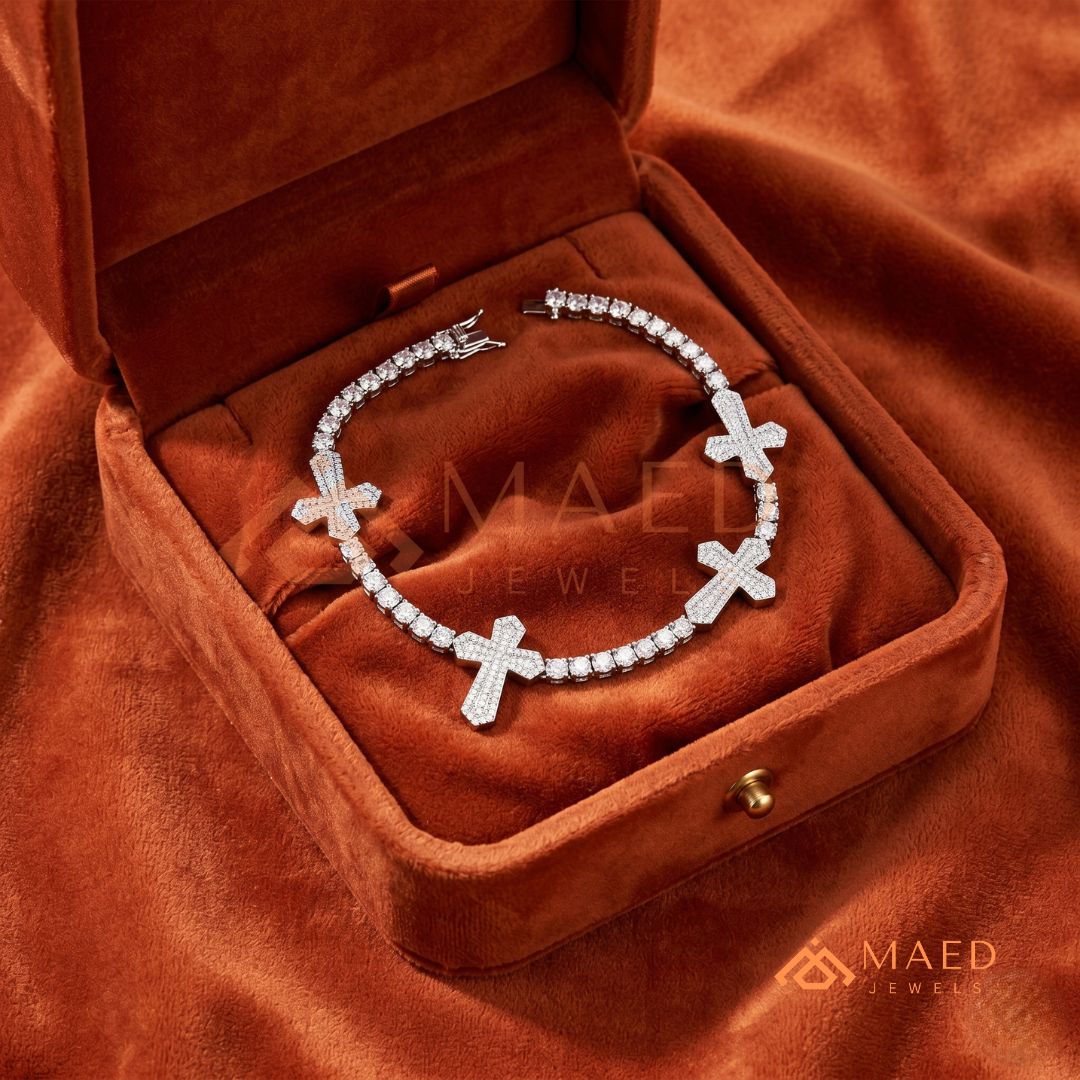 Multi-Cross Iced Tennis Bracelet – Sterling Silver, Gold & Rose Gold