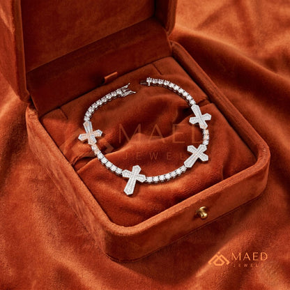 Multi-Cross Iced Tennis Bracelet – Sterling Silver, Gold & Rose Gold